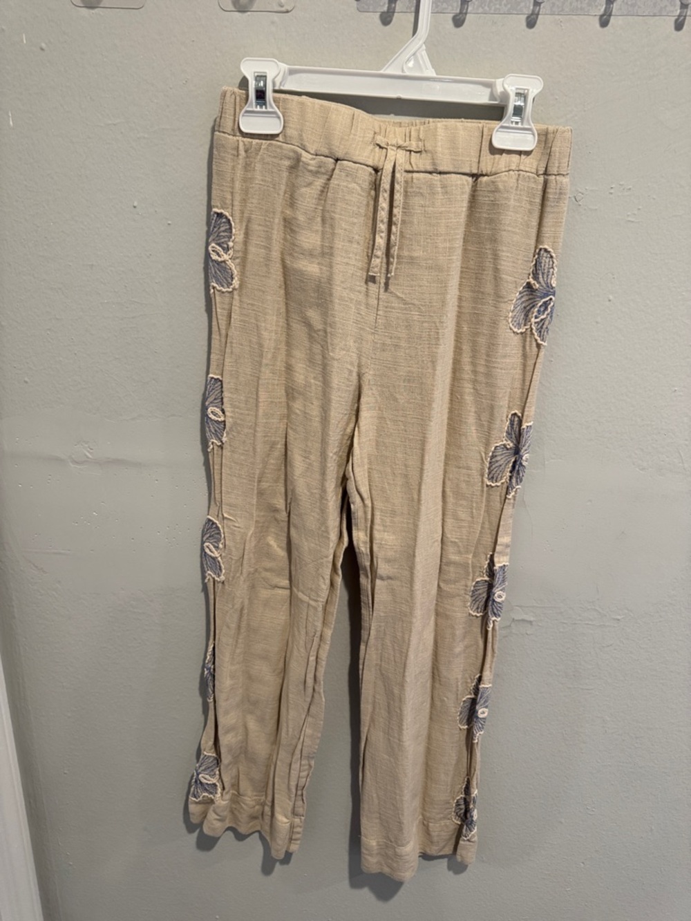 Zara Beige Linen-Blend Pants with Blue Floral Side Embroidery